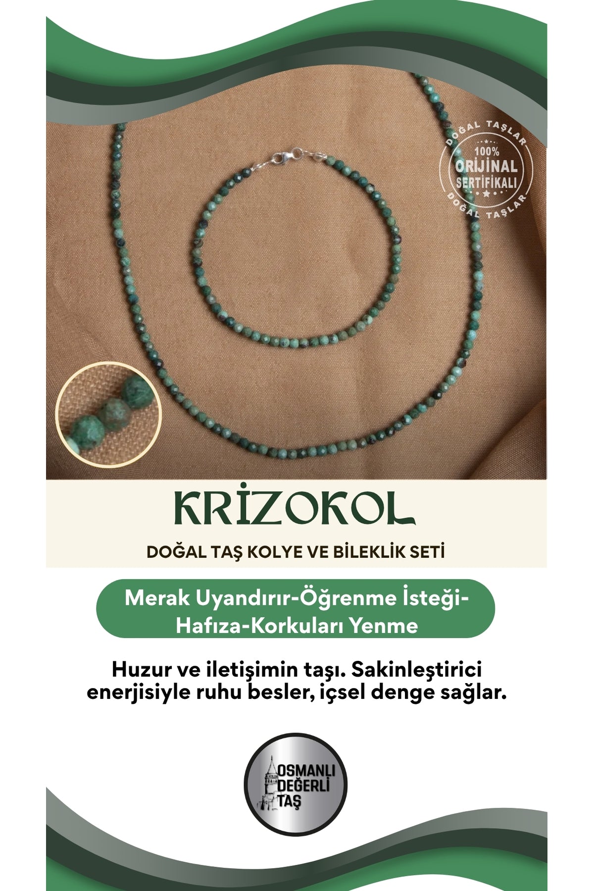 Sertifikalı Krizokol Doğal Taş Kolyeli Bileklik Seti – Duygusal Denge ve Huzur
