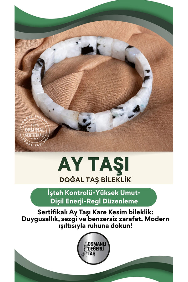 SERTİFİKALI Ay Taşı Doğal Taş Kare Kesim Bileklik
