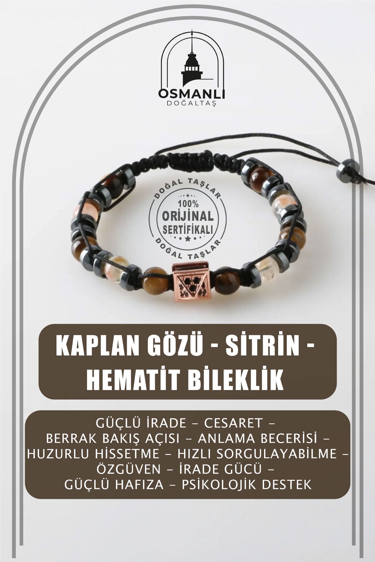 SERTİFİKALI KAPLAN GÖZÜ SİTRİN HEMATİT DOĞAL TAŞLI ZİRKON APARATLI MAKROME ÖRGÜ TASARIM BİLEKLİK