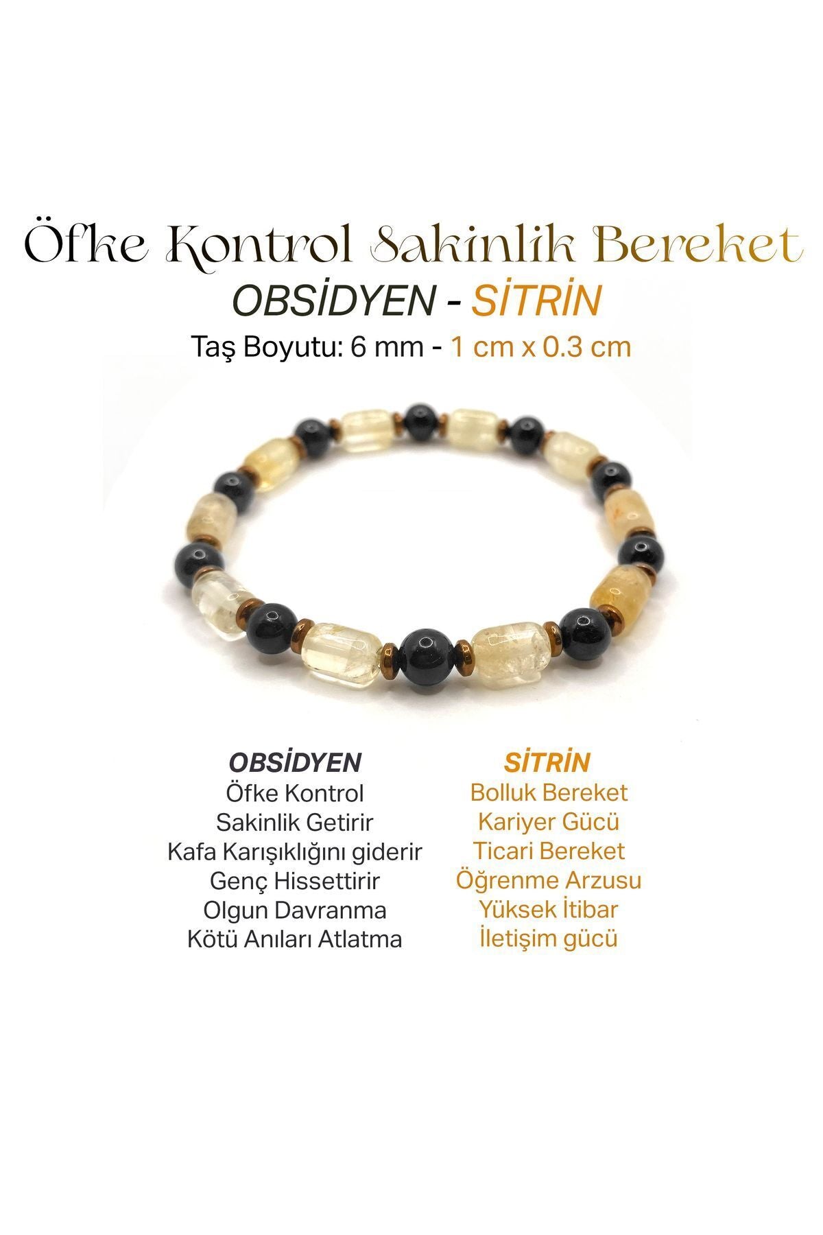 Sertifikalı Hakiki Orijinal Sitrin - 6mm Obsidyen - Hematit Doğal Taş Misinalı Bileklik