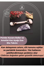 Sertifikalı Pembe Kuvars Roller Ve Ametist Kaz Ayağı Gua Sha Takımı Ma056