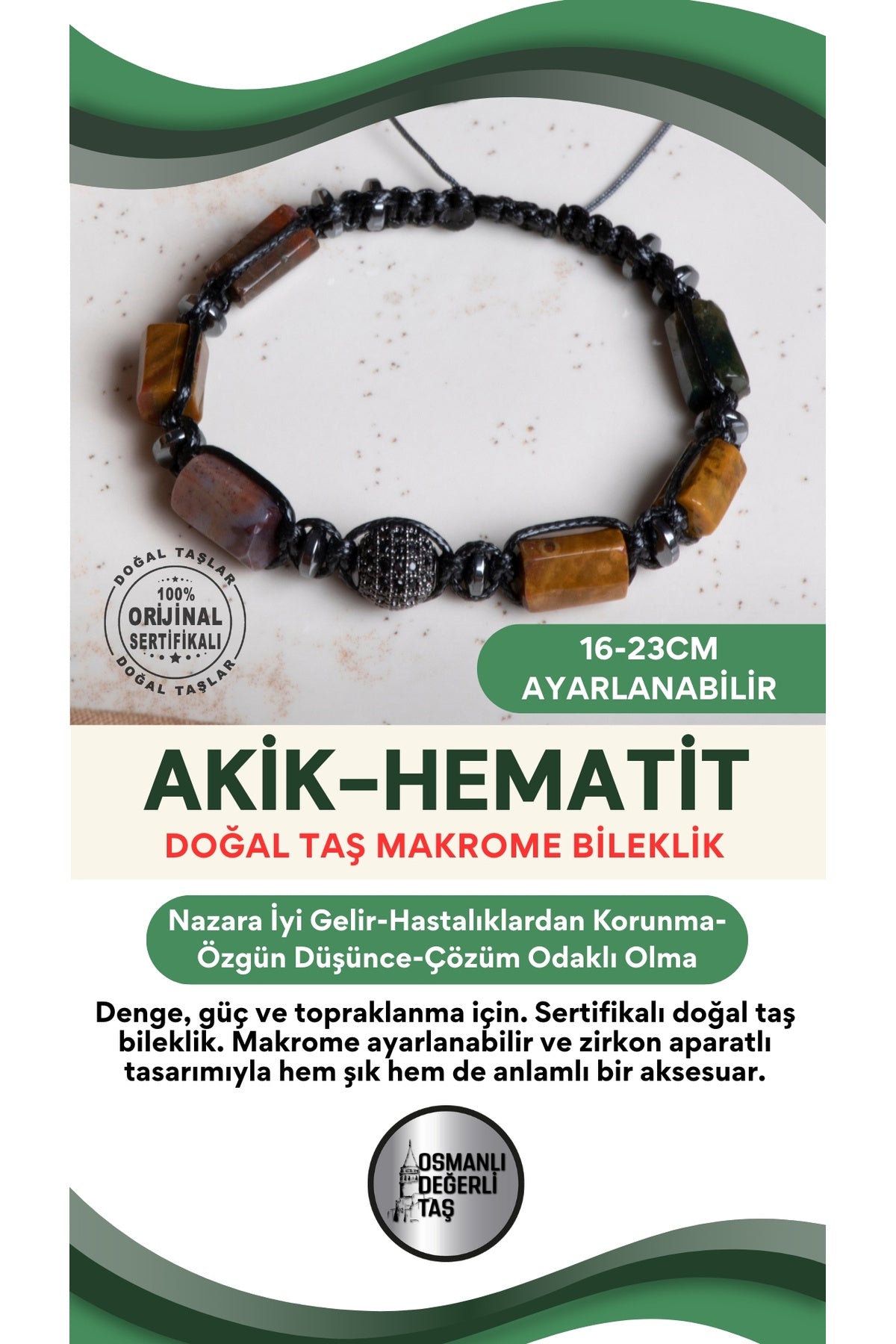 SERTİFİKALI Akik-Hematit Doğal Taş Makrome Ayarlanabilir Zirkon Aparatlı Bileklik no:2