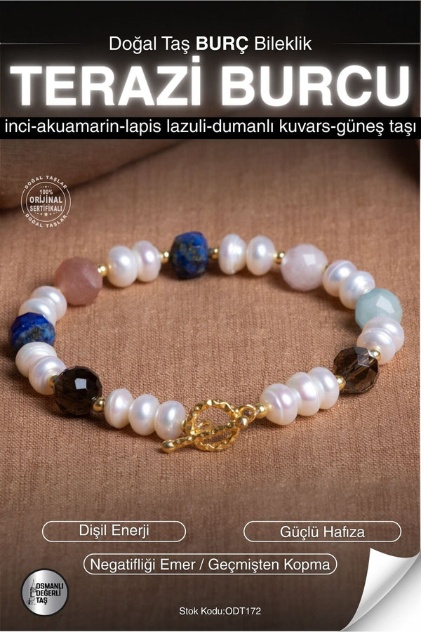 SERTİFİKALI İnci-Akuamarin-Lapis-Kuvars-Güneş T. Terazi Burç Doğal Taş Gümüş Aparat Bileklik ODT172