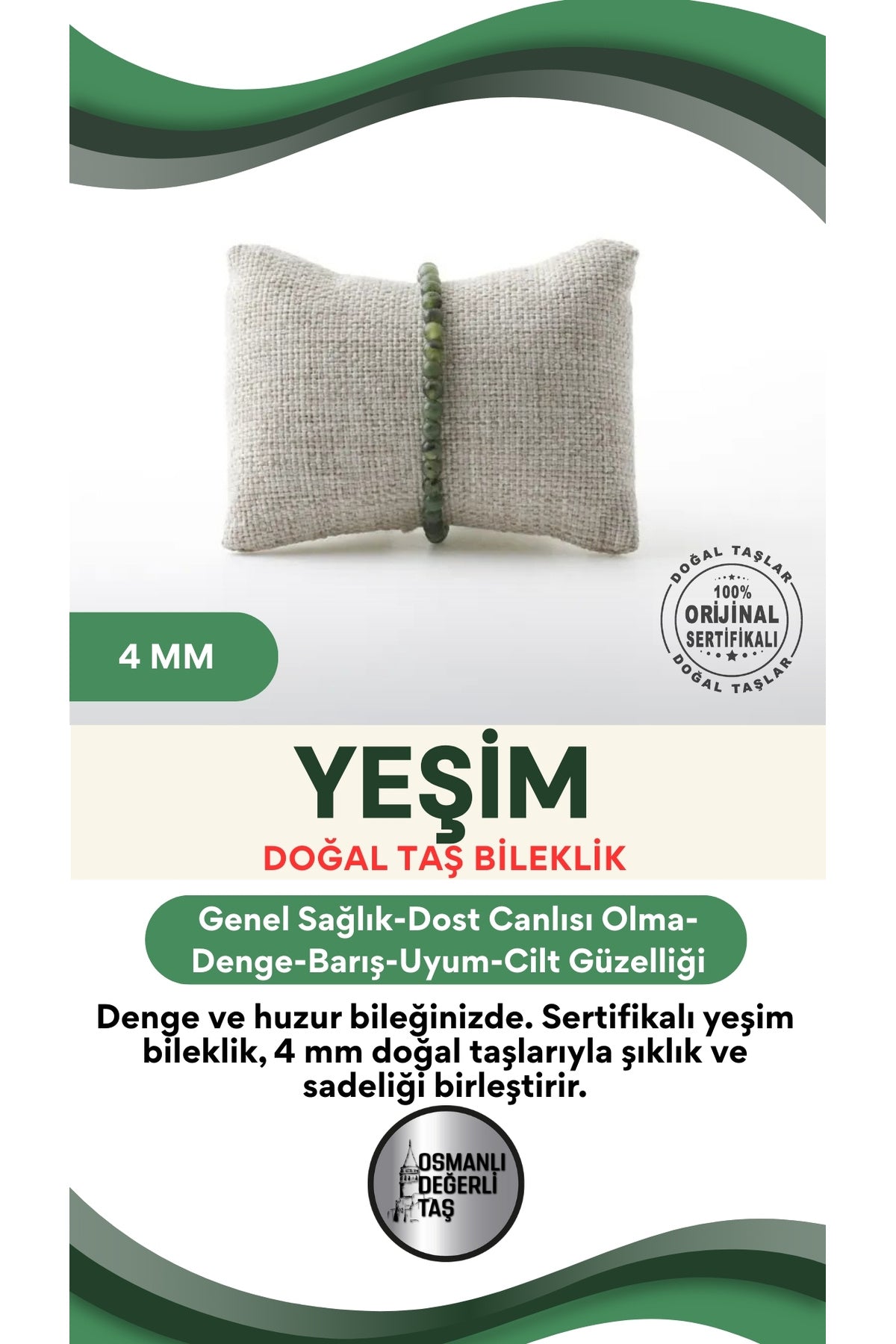 Sertifikalı Yeşim Doğaltaş Bileklik 4 Mm, B961