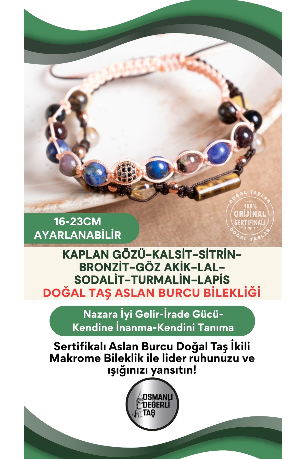 SERTİFİKALI Aslan Burcu Doğal Taş İkili Makrome Bileklik