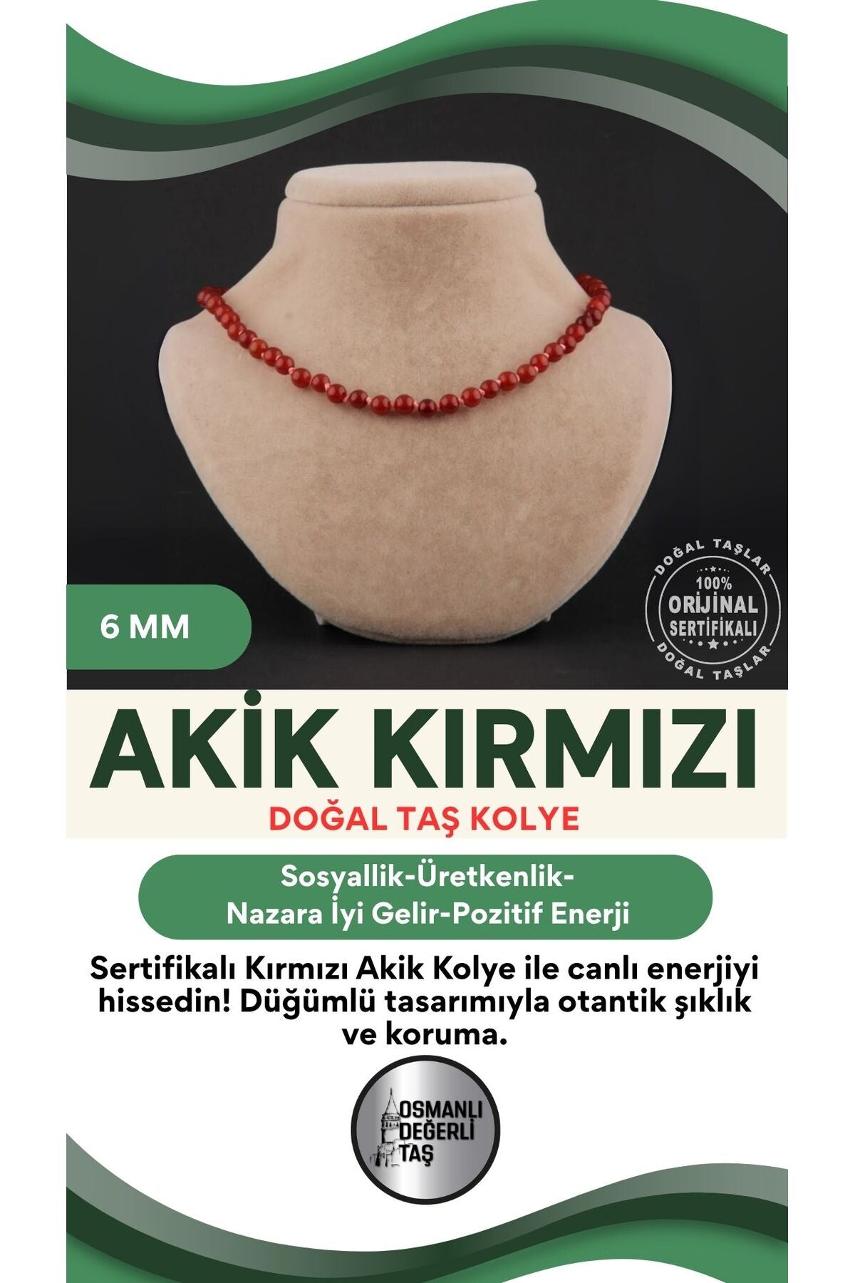 Sertifikalı Akik Kırmızı 6mm Düğümlü Kolye