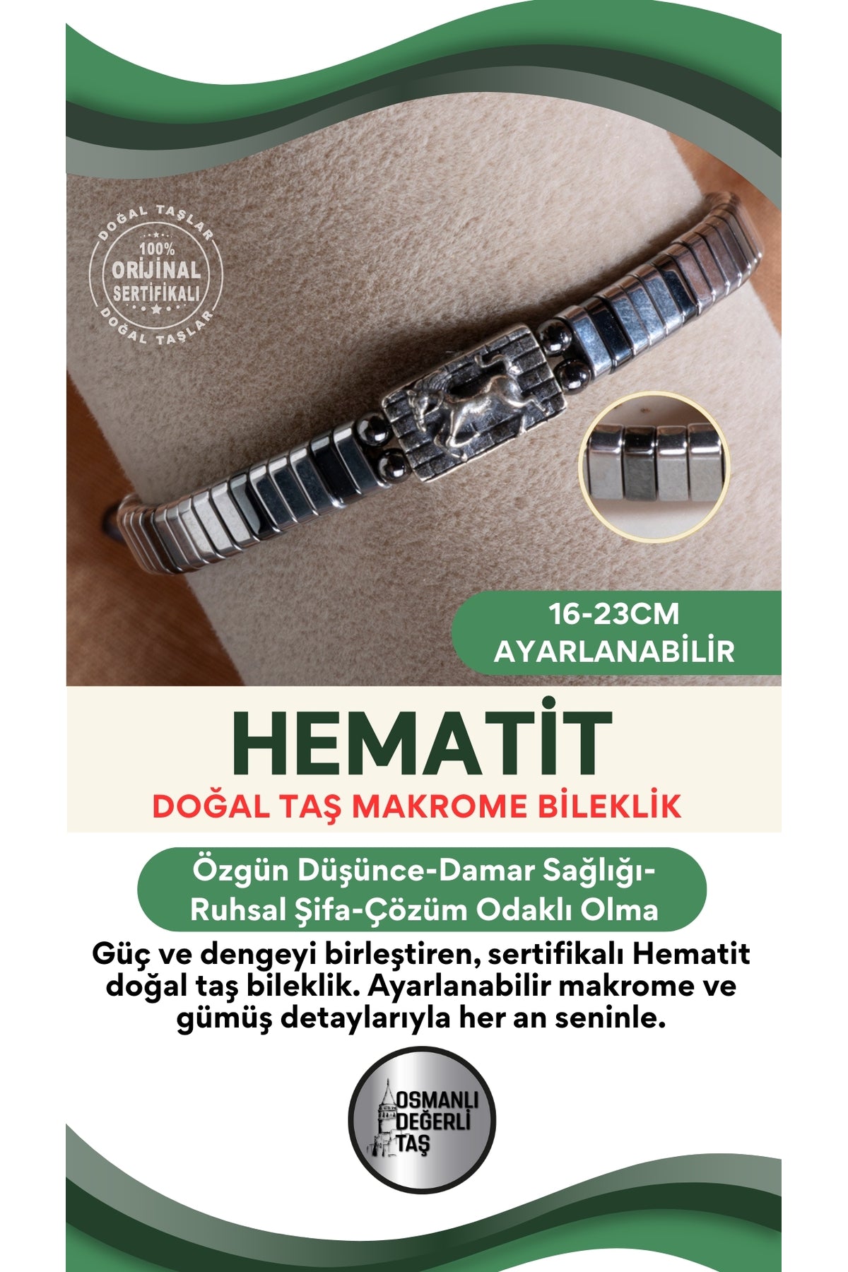 SERTİFİKALI Hematit Doğal Taş Makrome Ayarlanabilir Gümüş Bileklik No:3