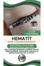 SERTİFİKALI Hematit Doğal Taş Makrome Ayarlanabilir Gümüş Bileklik No:3