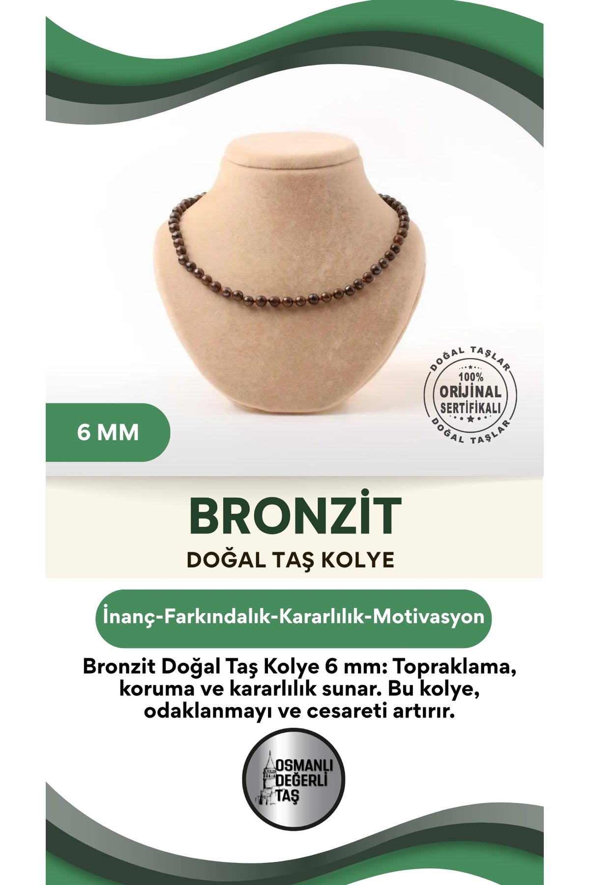 Sertifikalı Bronzit Doğaltaş Kolye 6 Mm, M566
