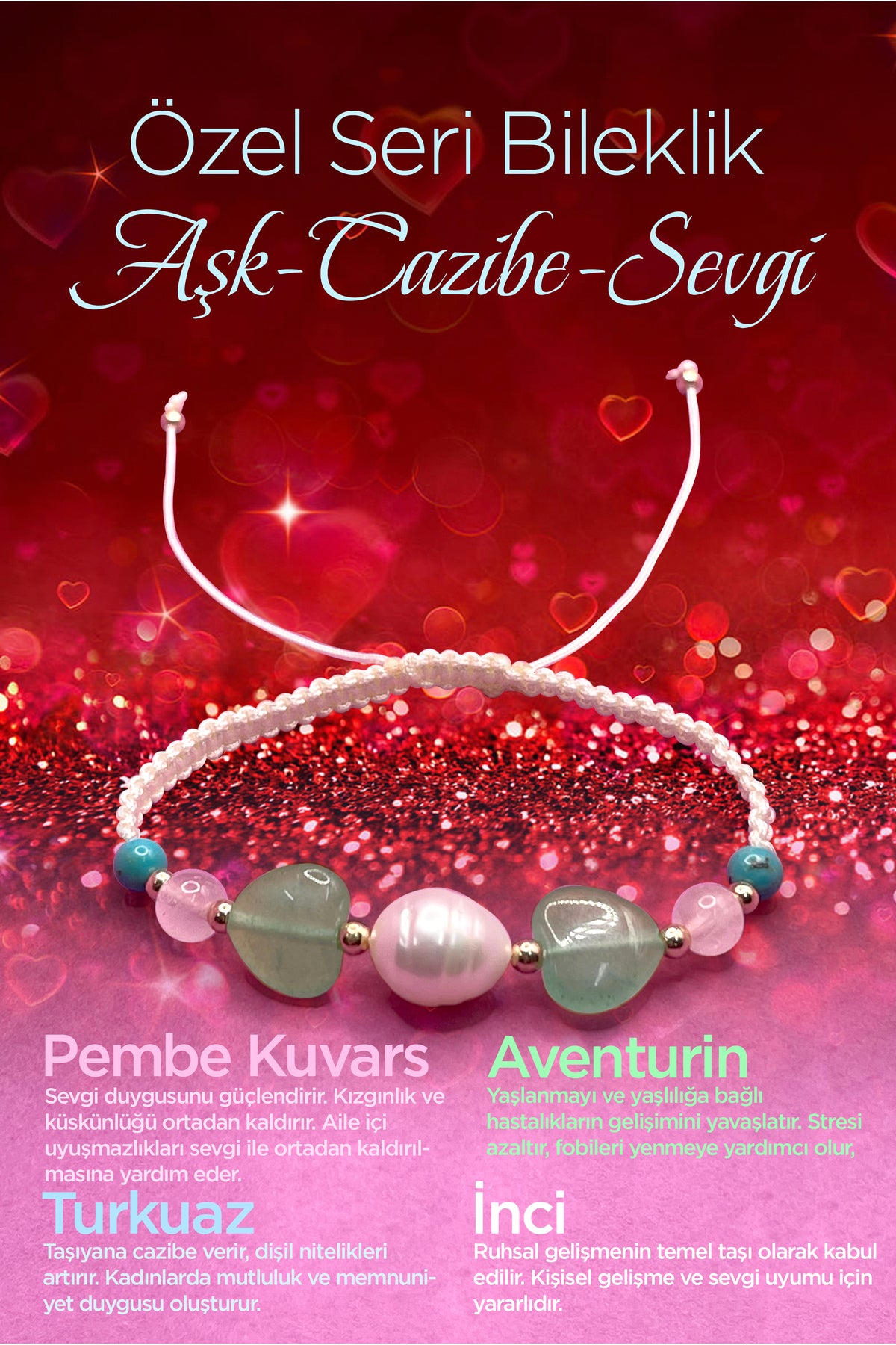 Özel Tasarım Kadın Bilekliği Cazibe-sevgi-aşk Inci-pembe Kuvars-aventurin-turkuaz(FİRUZE)
