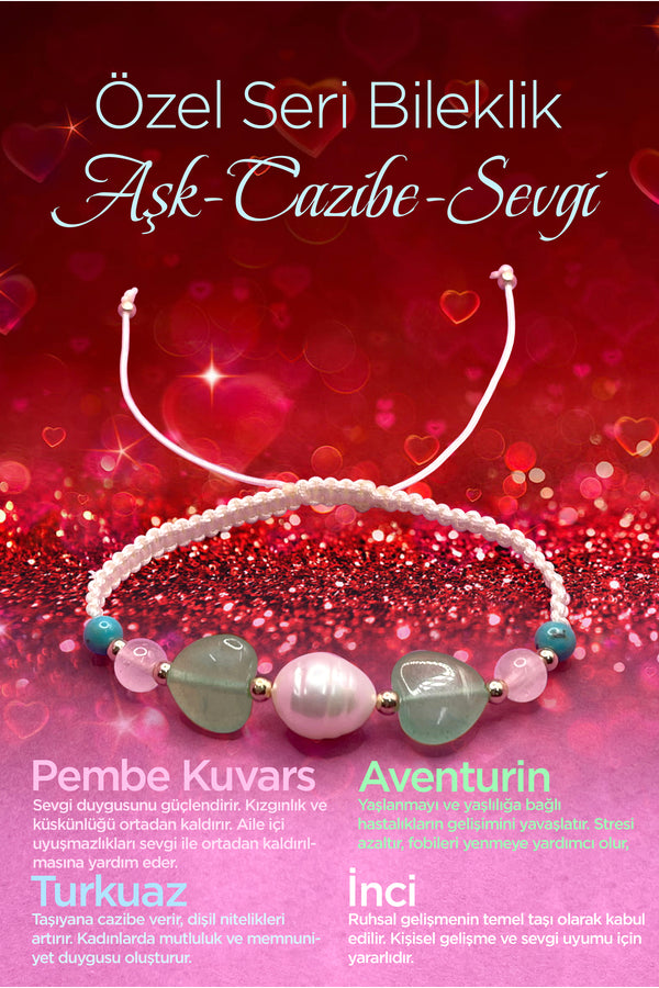 Özel Tasarım Kadın Bilekliği Cazibe-sevgi-aşk Inci-pembe Kuvars-aventurin-turkuaz(FİRUZE)