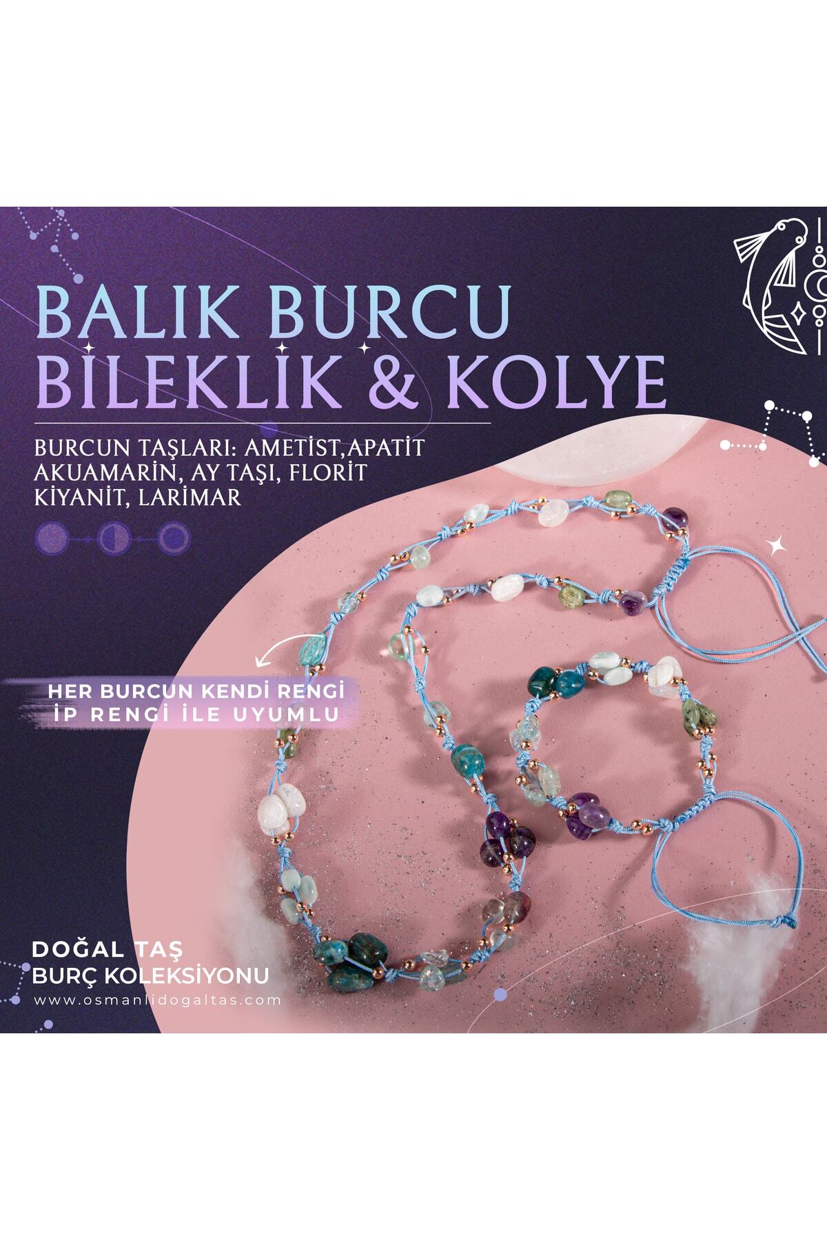 Balık Burcu Doğal Taş Natürel Makrome Kolye Bileklik Seti