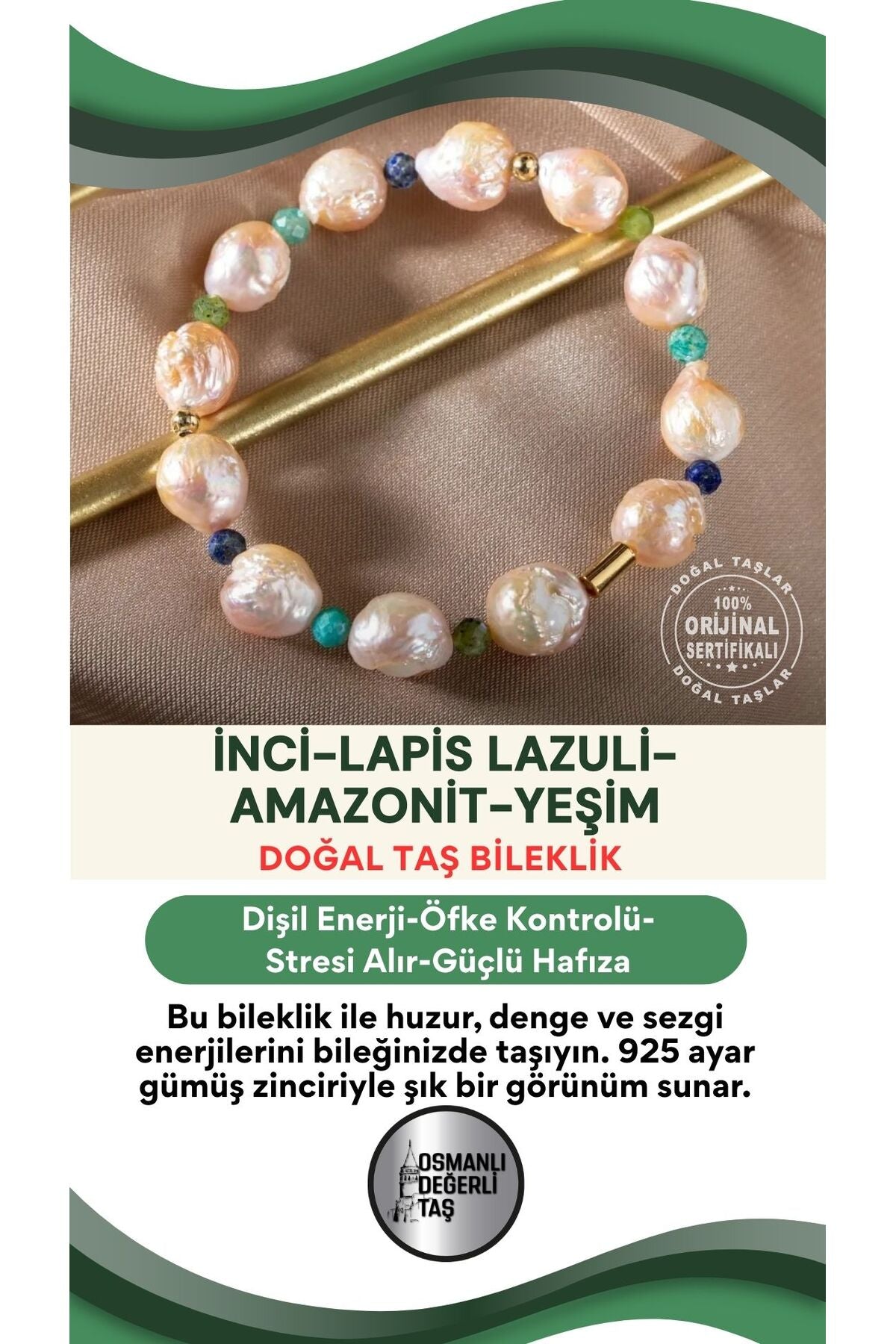 Inci-lapis Lazuli-amazonit-yeşim Doğal Taş Gümüş Bileklik - 16-17 cm