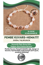 SERTİFİKALI Pembe kuvars - hematit Doğal Taş Makrome Ayarlanabilir Bileklik