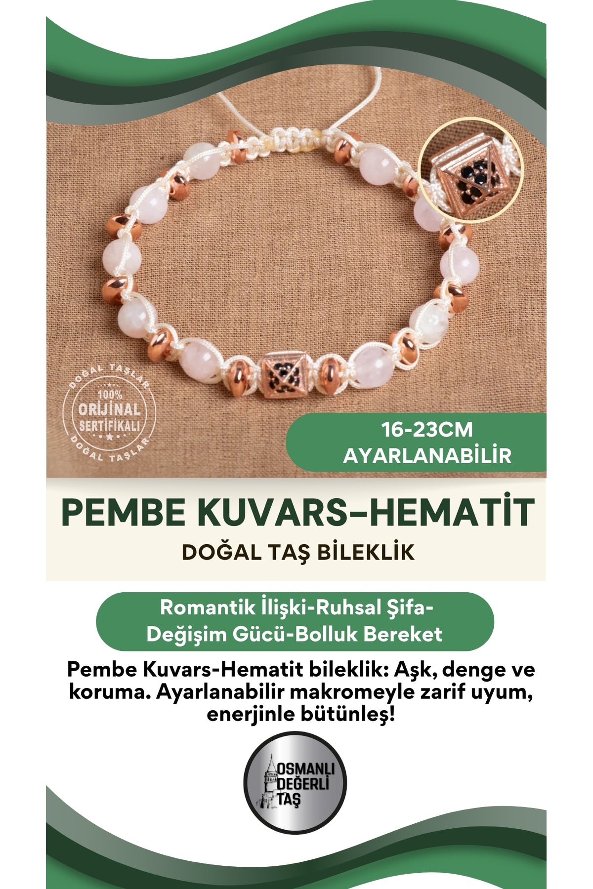 SERTİFİKALI Pembe kuvars - hematit Doğal Taş Makrome Ayarlanabilir Bileklik