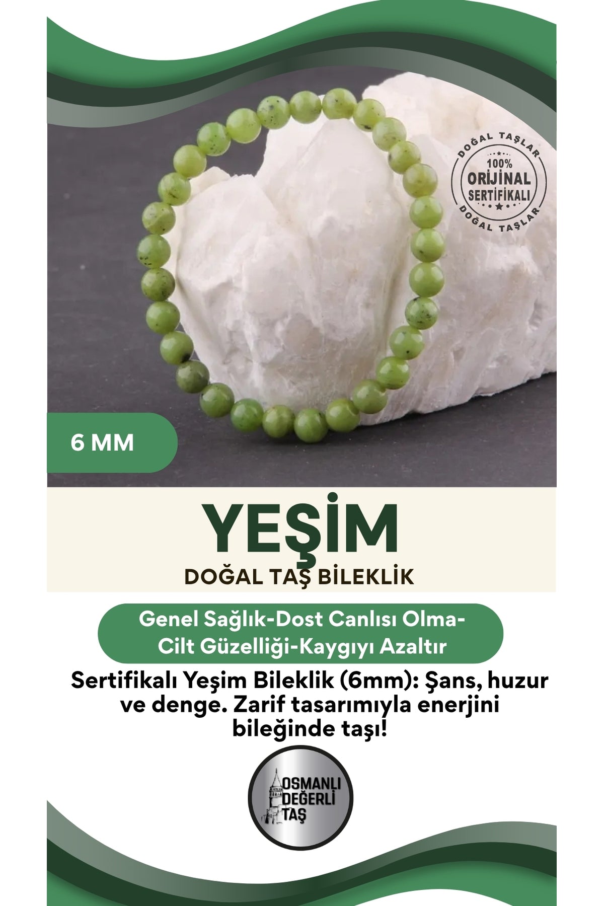 Sertifikalı Yeşim Doğal Taş Bileklik 6 Mm - B854