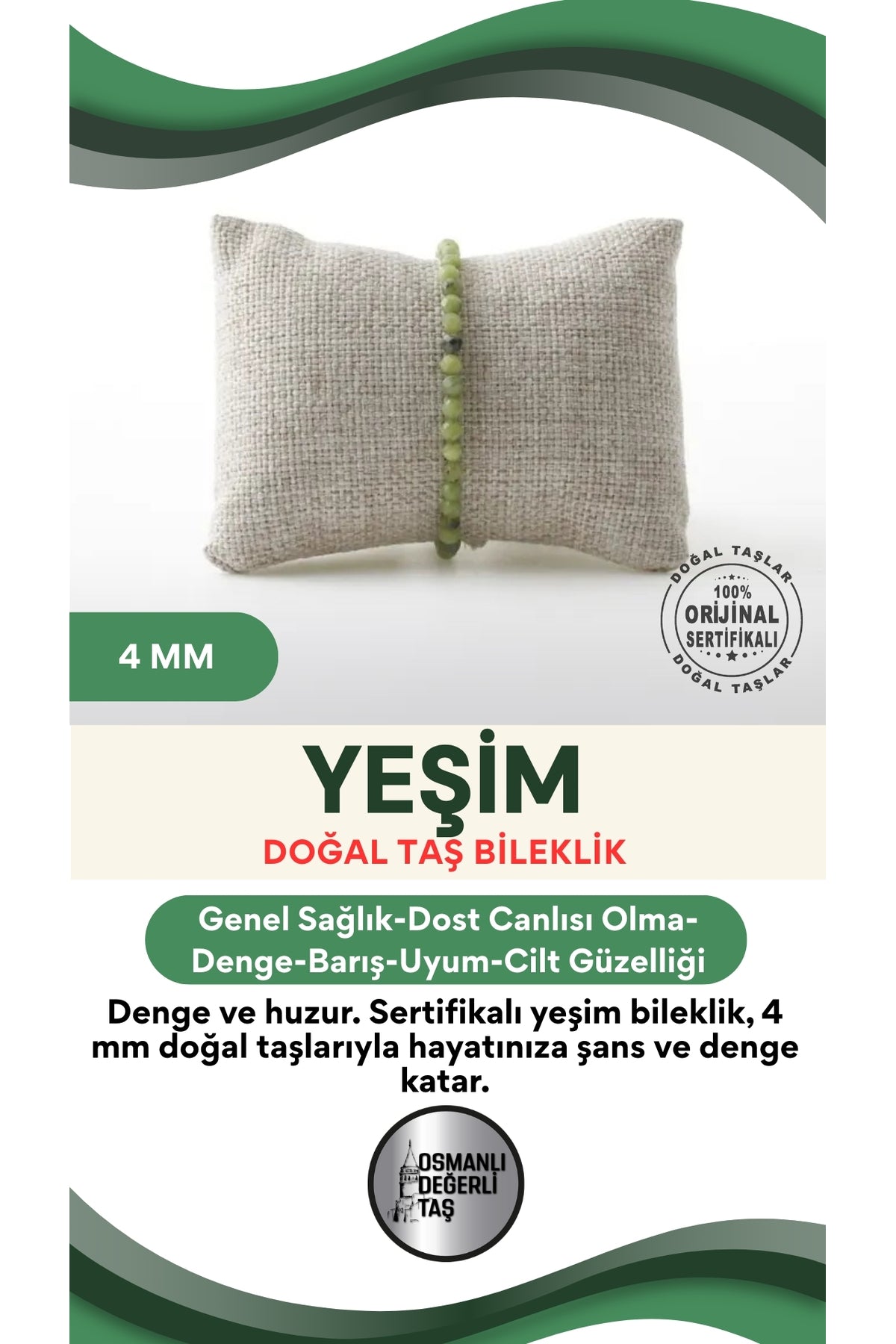 Sertifikalı Yeşim Doğaltaş Bileklik 4 Mm, B983