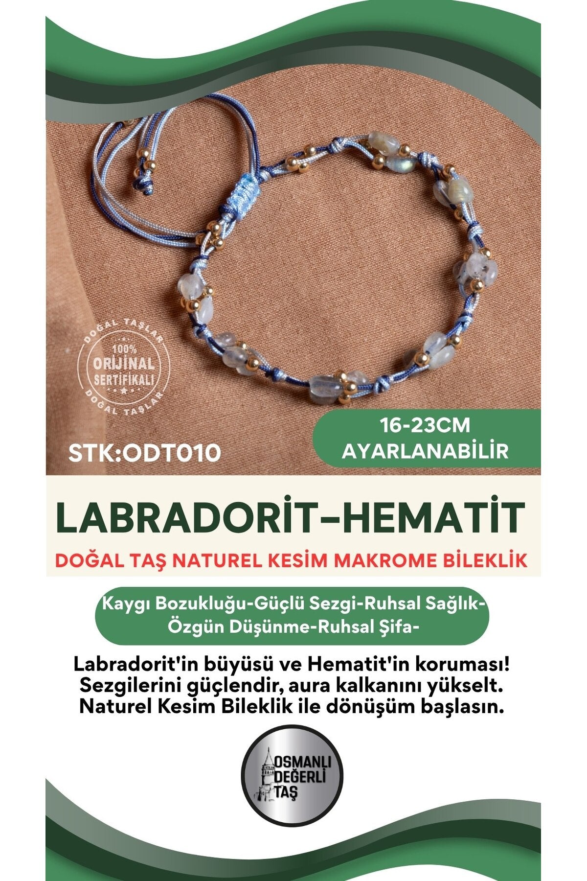 Sertifikalı Doğal Taş Labradorit-Hematit Naturel Kesim Makrome Bileklik ODT010