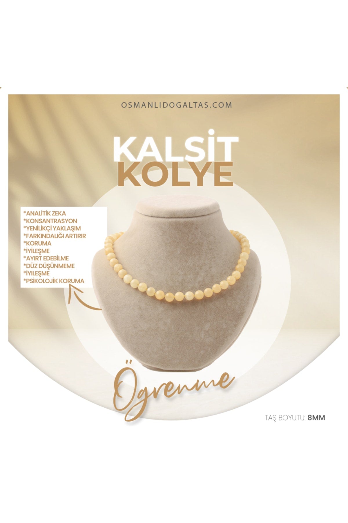 Sertifikalı Kalsit Doğaltaş Kolye 8 Mm, M522