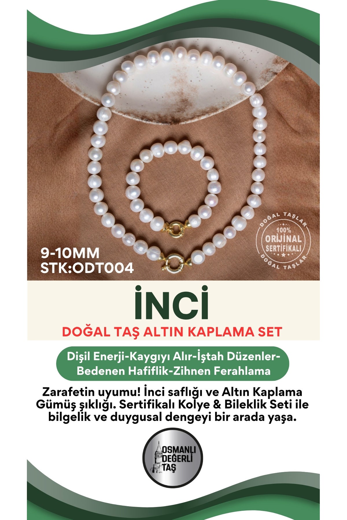 Sertifikalı Doğal Taş İnci Altın Kaplama 925 Ayar Gümüş Aparatlı Kolye&Bileklik Set ODT004