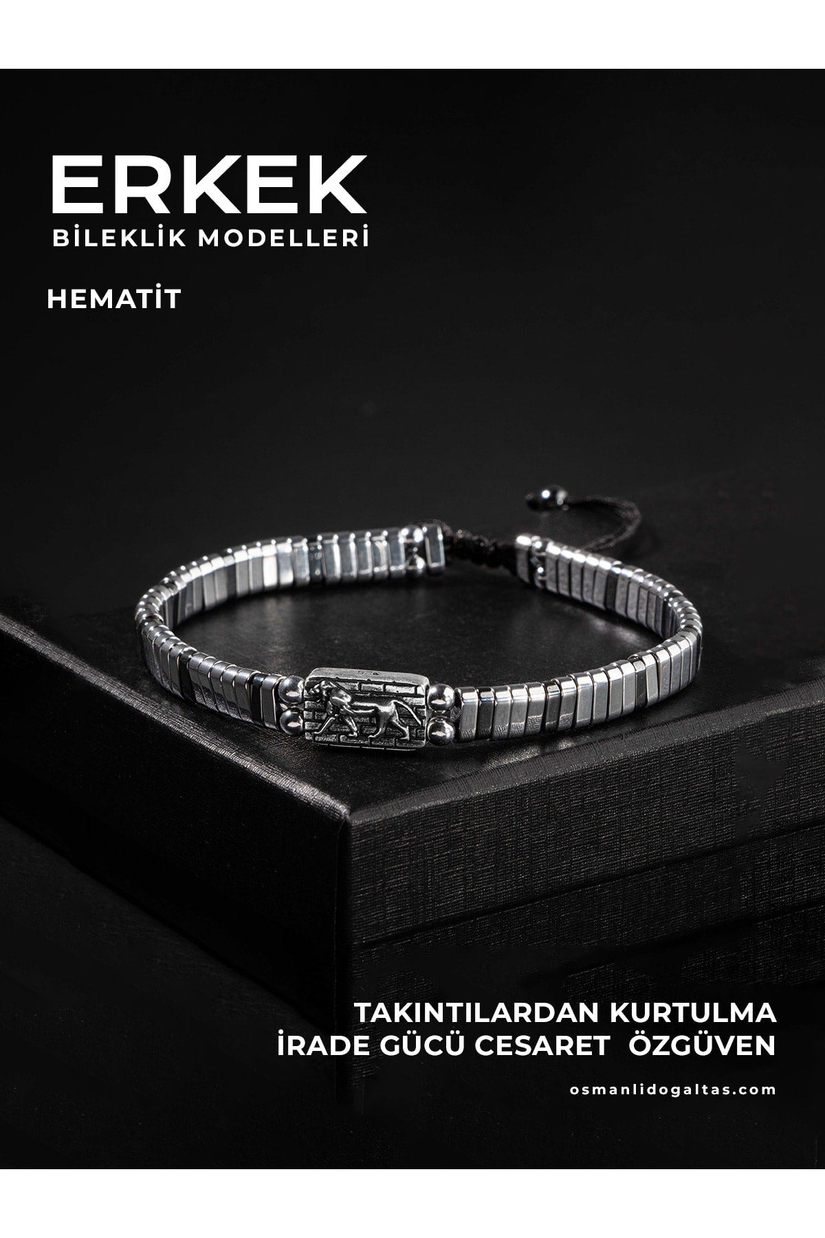SERTİFİKALI HEMATİT DOĞAL TAŞLI ÖRGÜ 925 AYAR GÜMÜŞ TASARIM BİLEKLİK (ASLAN SEMBOLLÜ)