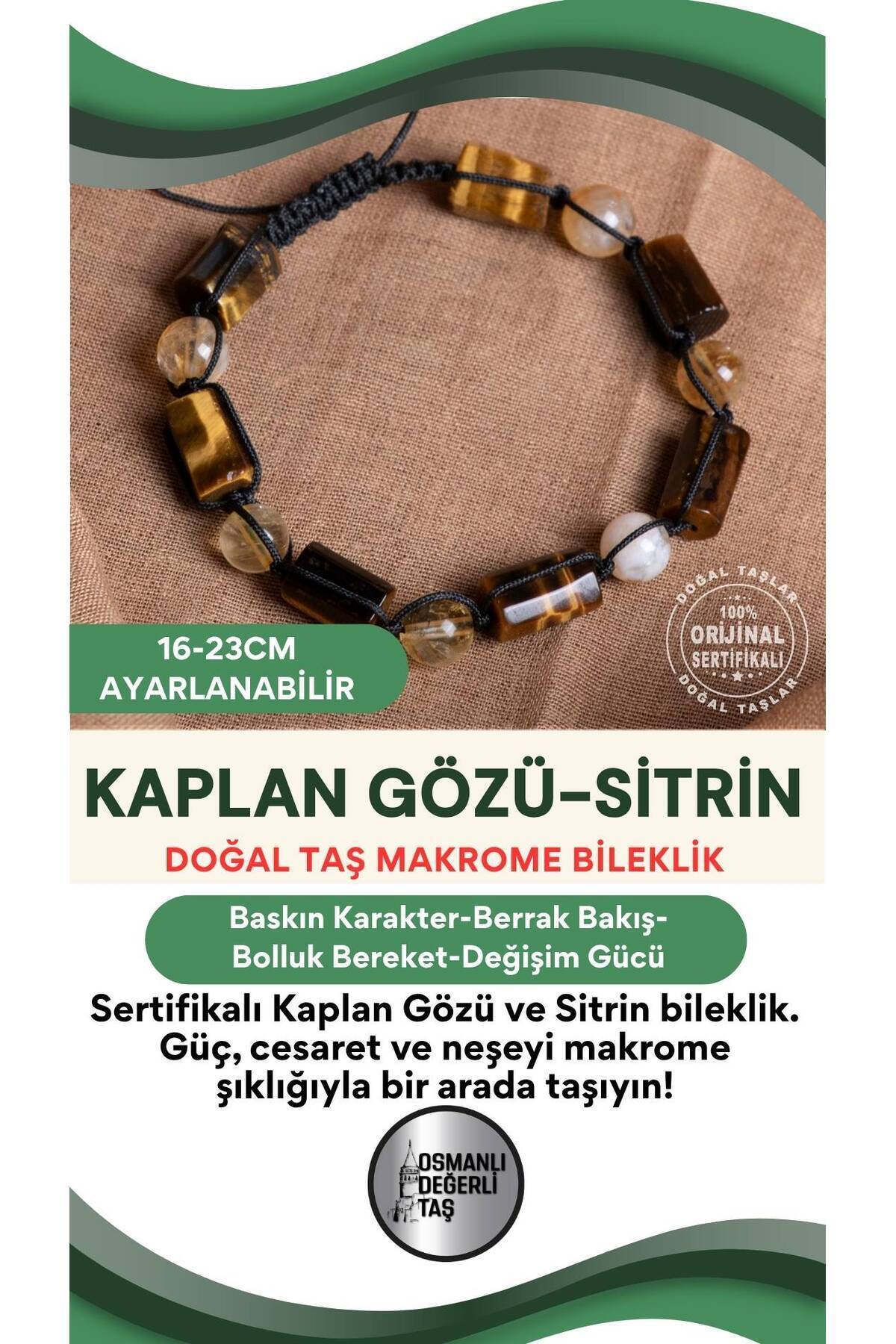 SERTİFİKALI Kaplan Gözü-Sitrin Doğal Taş Ayarlanabilir Makrome Bileklik