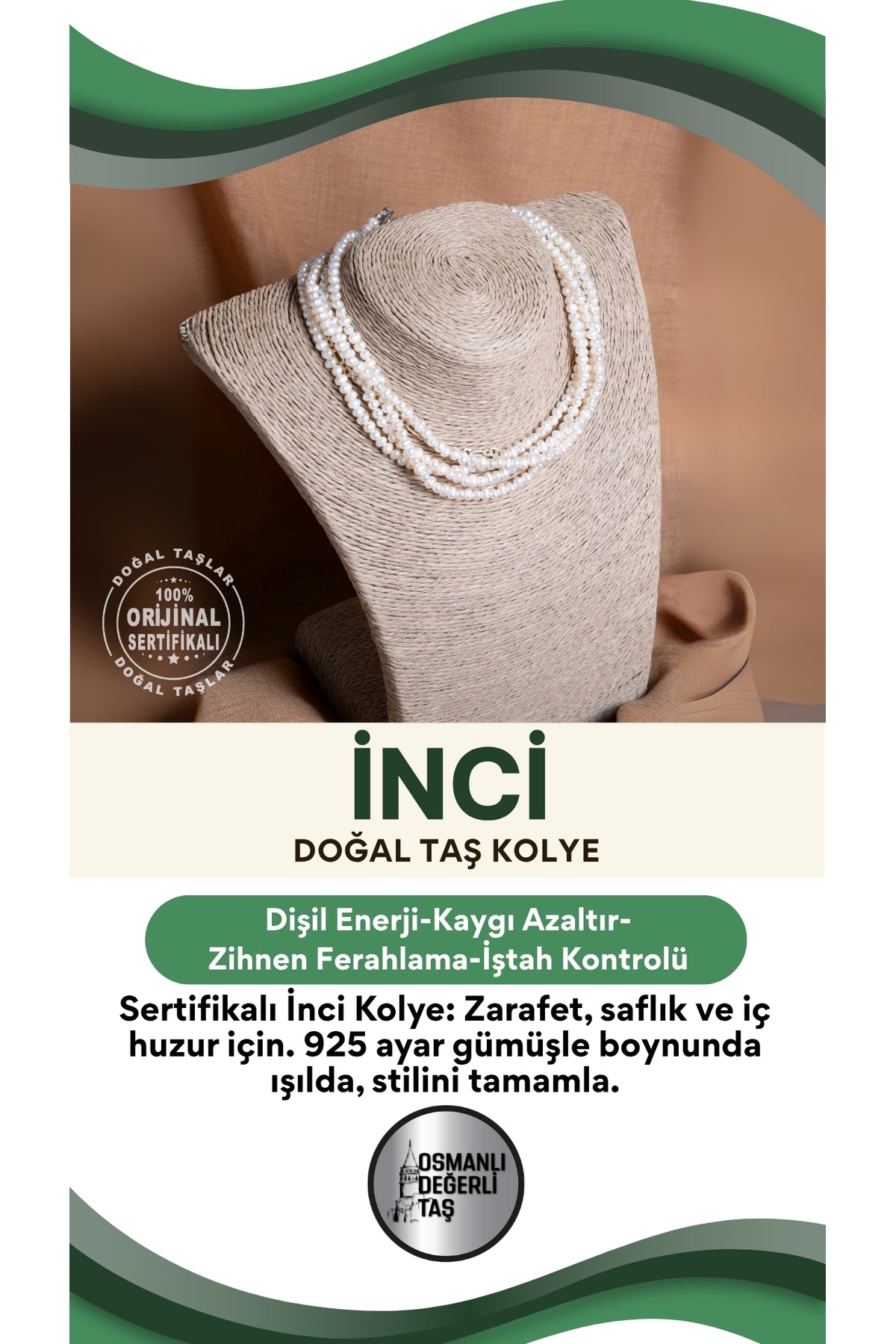 SERTİFİKALI İnci Doğal Taş 925 Ayar Gümüş Kolye