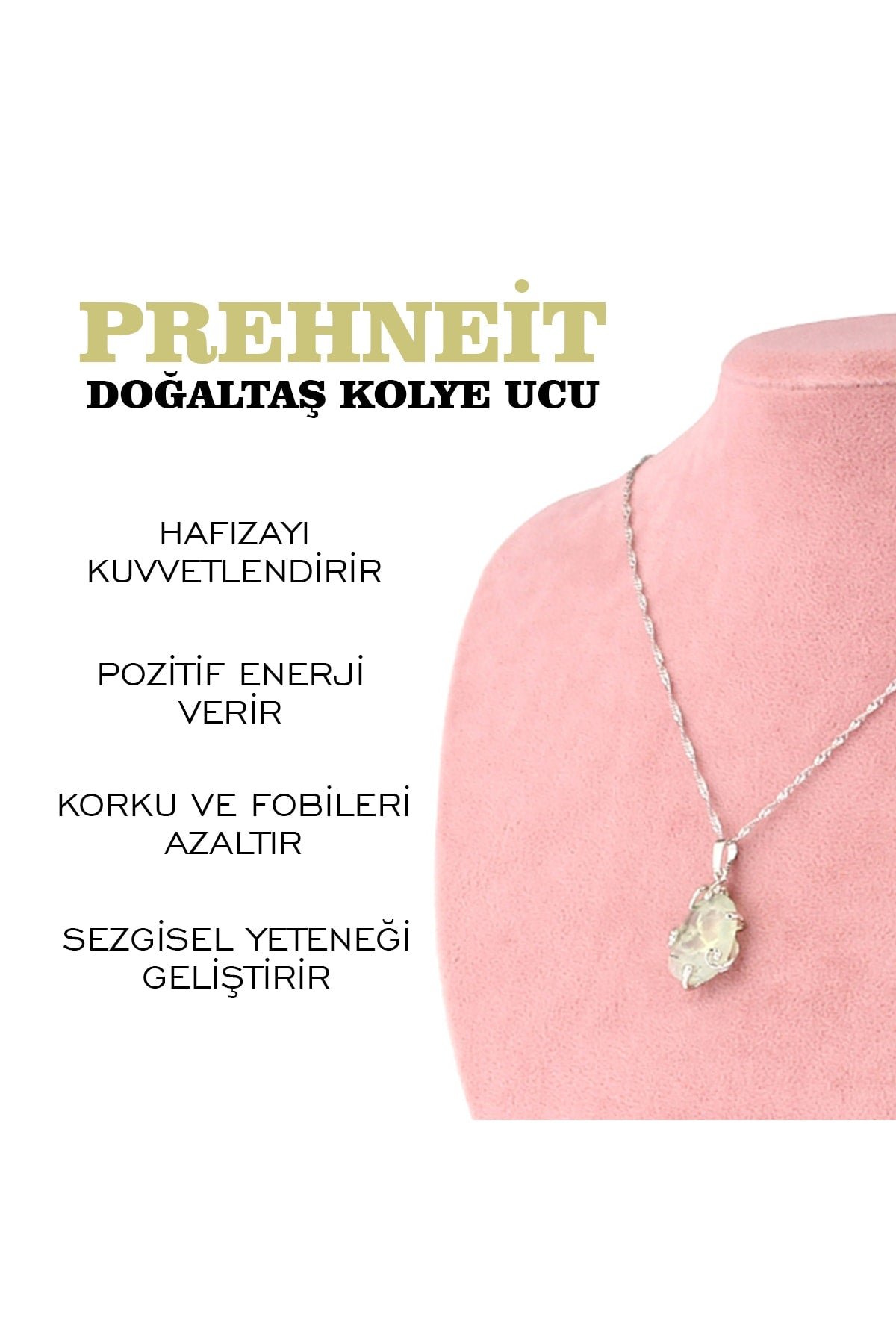 Sertifikalı Prehneit Doğaltaş Kolye Ucu, Gümüş Zincirle Beraber M443