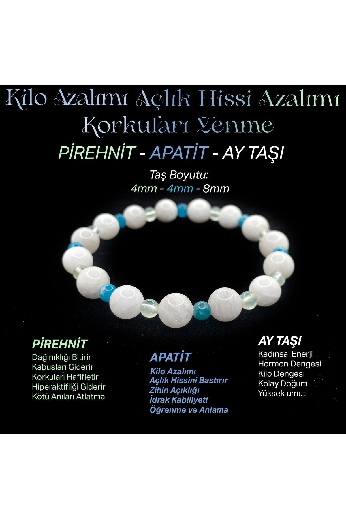 Zayıflama Açlık Bastırma Bilekliği - Ay Taşı - Prehnit - Apatit 4mm-8mm  Orijinal Doğal Taş Bileklik