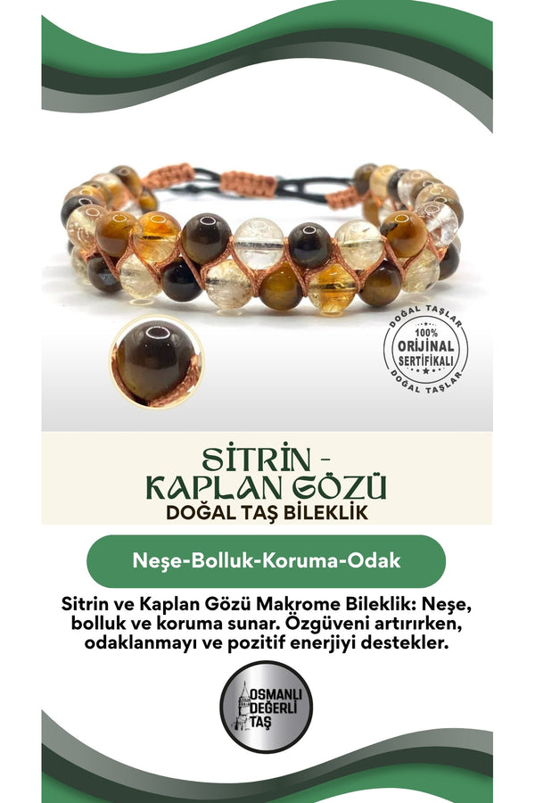 Sitrin - Kaplan Gözü Doğal Taş Makrome Bileklik Çift Taşlı Örgü