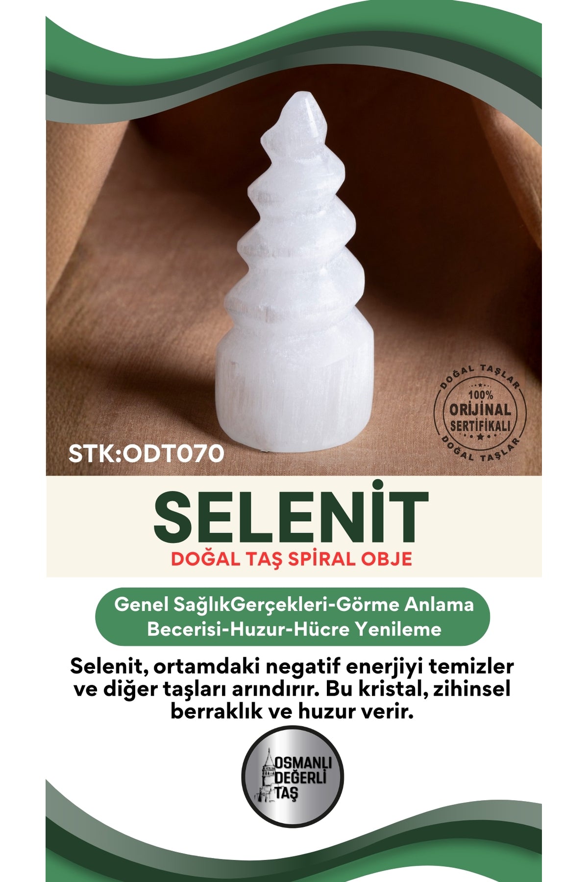 SERTİFİKALI Selenit Spiral Doğal Taş Obje STK:ODT070