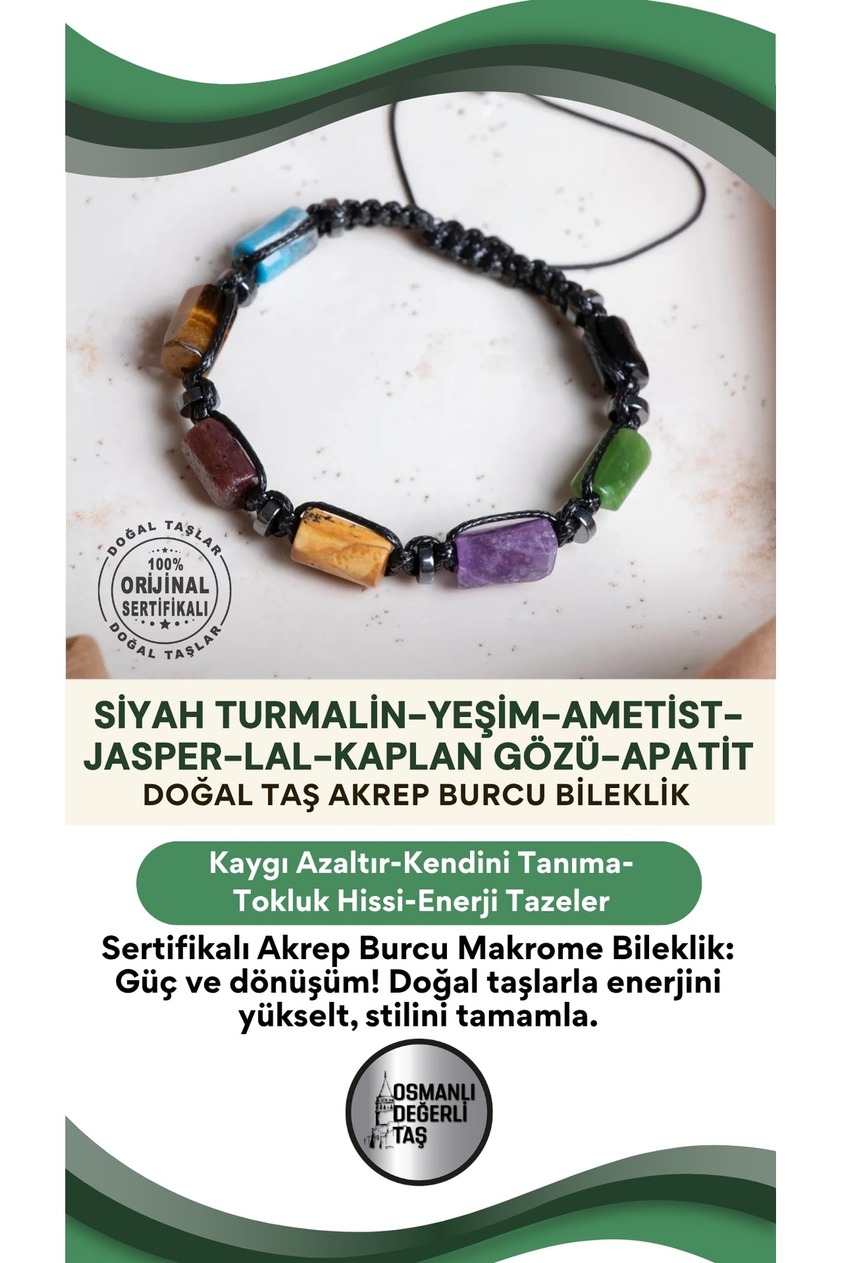 SERTİFİKALI Akrep Burcu Doğal Taş Makrome Ayarlanabilir Bileklik