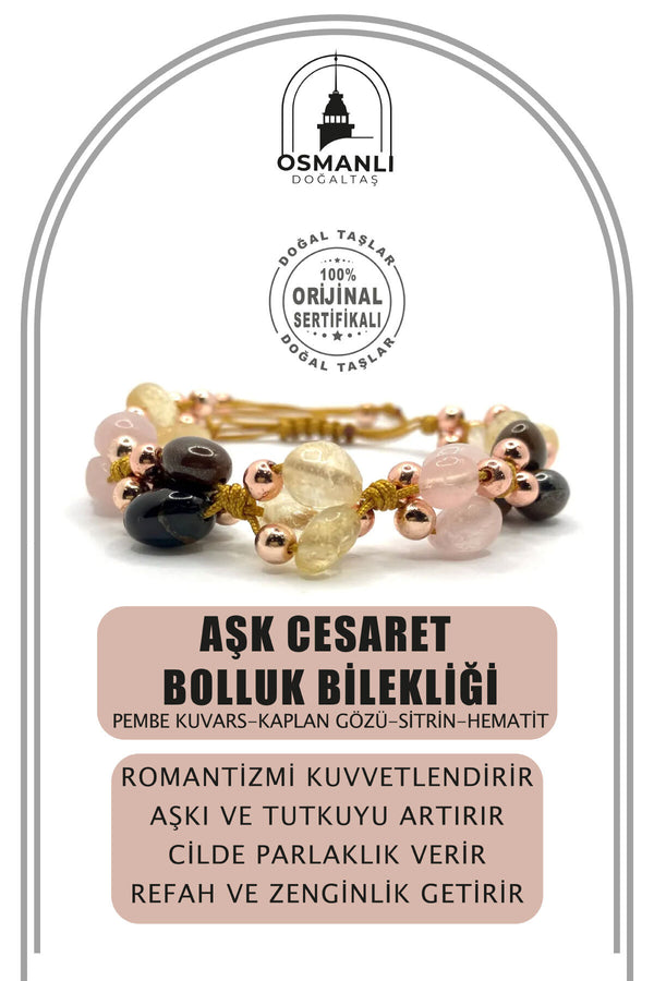 (Aşk Cesaret Bolluk Bilekliği) Pembe Kuvars-Kaplan Gözü-Sitrin-Hematit Merdiven Kapama İpli Bileklik