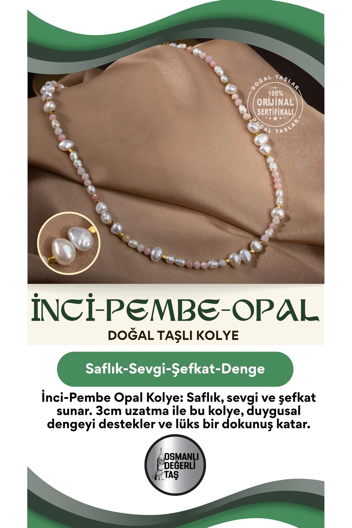 Inci-pembe Opal Doğal Taş Altın Kaplama Kapama Kolye (3cm Uzatma Ile Birlikte)