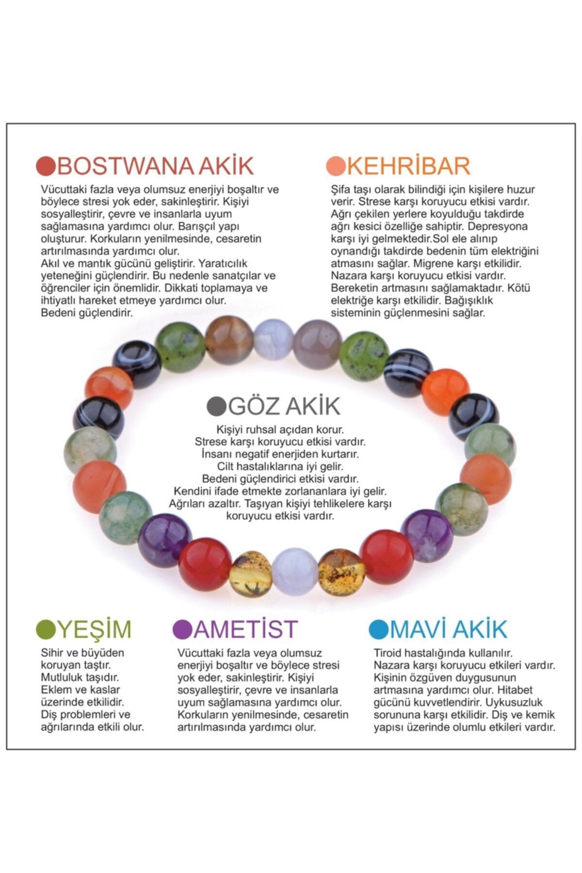 Sertifikalı Doğal Taş Bileklik - Bostwana Akik,kehribar,göz Akik,yeşim,ametist,mavi Akik