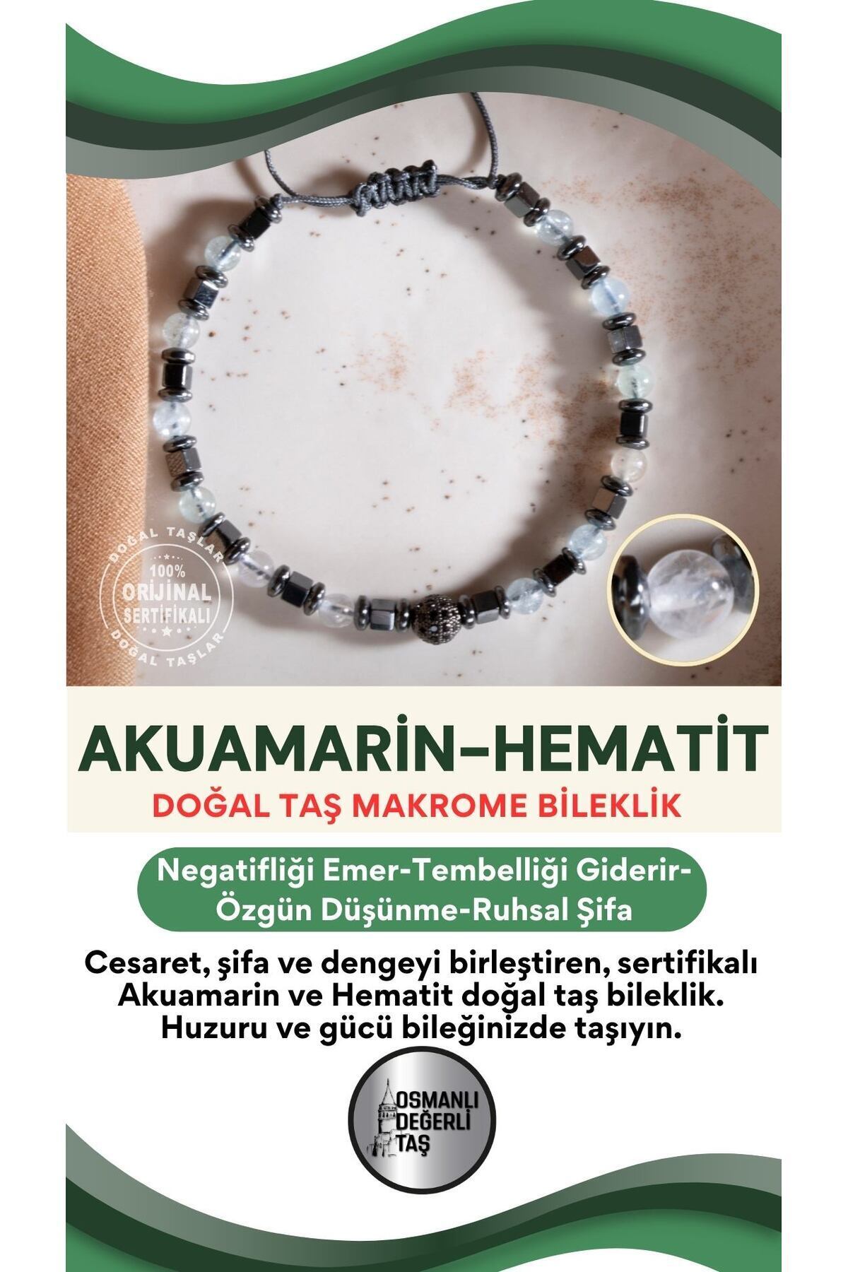 SERTİFİKALI Akuamarin-Hematit Doğal Taş Makrome Ayarlanabilir Bileklik