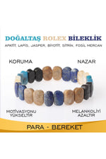 Sertifikalı Apatit, Lapis, Jasper, Biyotit, Sitrin, Fosil Mercan Doğaltaş Roleks Bileklik B904