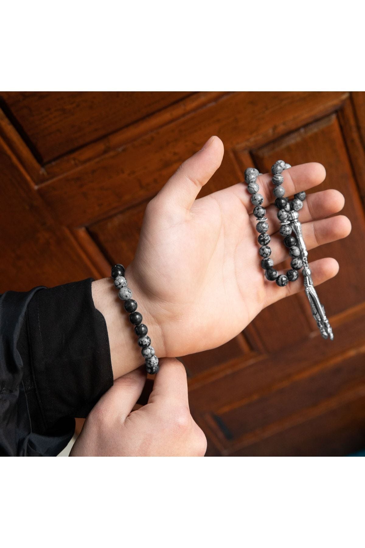 Sertifikalı Karlı Obsidyen, Gri Doğal Taşlı 33'lük Tesbih Ve Bileklik Takım