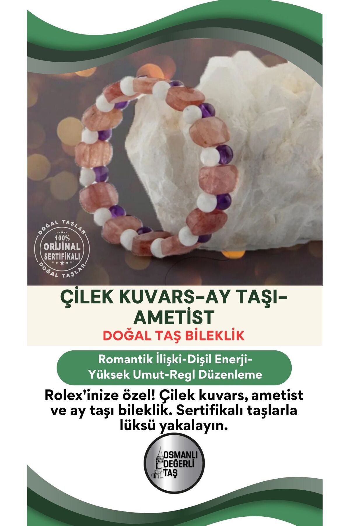 Sertifikalı Çilek Kuvars-ametist- Ay Taşı Roleks Bileklik