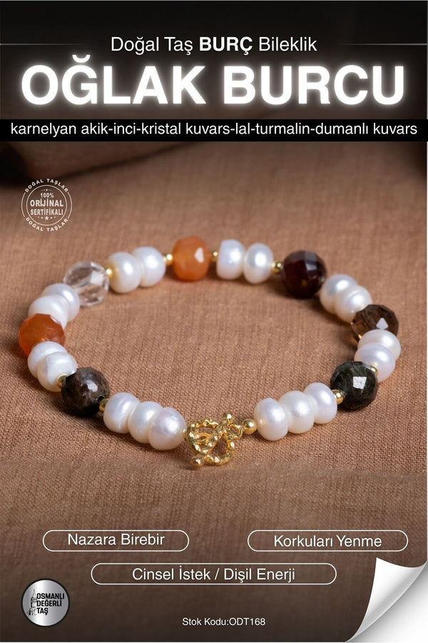 SERTİFİKALI Akik-İnci-Kuvars-Lal-Turmalin Oğlak Burç Doğal Taş Gümüş Aparat Bileklik ODT168