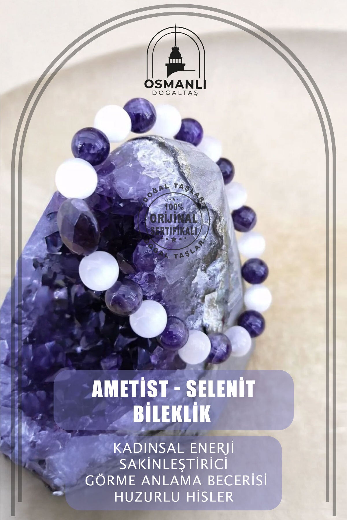 Sertifikalı Doğal Taş Bileklik - Ametist-selenit