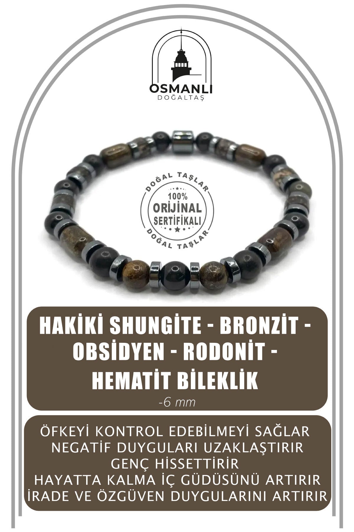 Sertifikalı Hakiki Shungite - Bronzit - Obsidyen - Rodonit - Hematit 6mm Misinalı Doğal Taş Bileklik