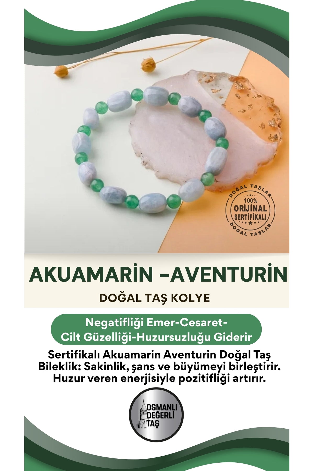 Sertifikalı Özel Tasarım Akuamarin Aventurin Doğal Taş Bileklik