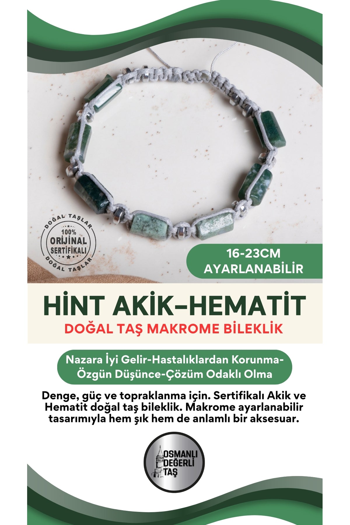 SERTİFİKALI Akik-Hematit Doğal Taş Makrome Ayarlanabilir Bileklik No:3