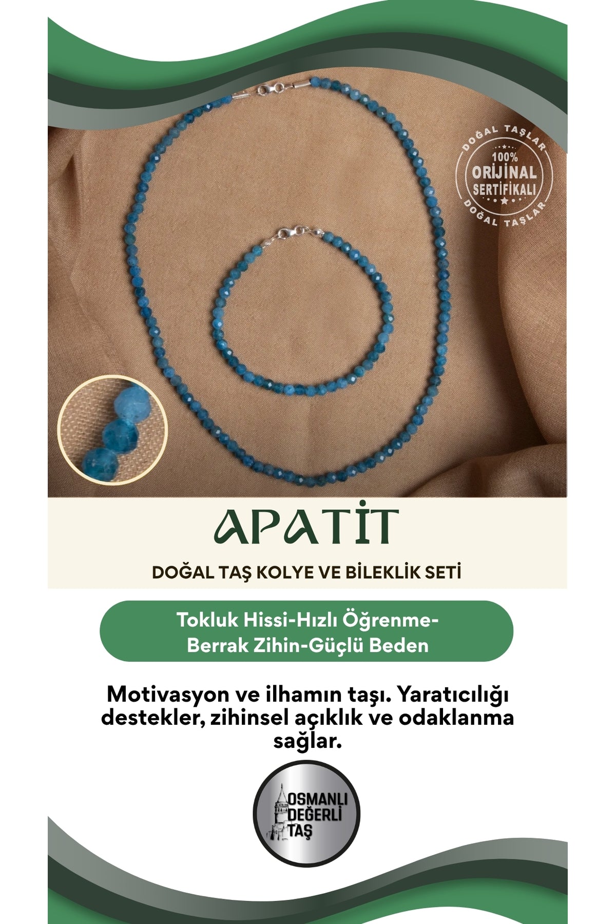 Sertifikalı Apatit Doğal Taş Kolyeli Bileklik Seti – Berrak Zihin ve İfade Gücü