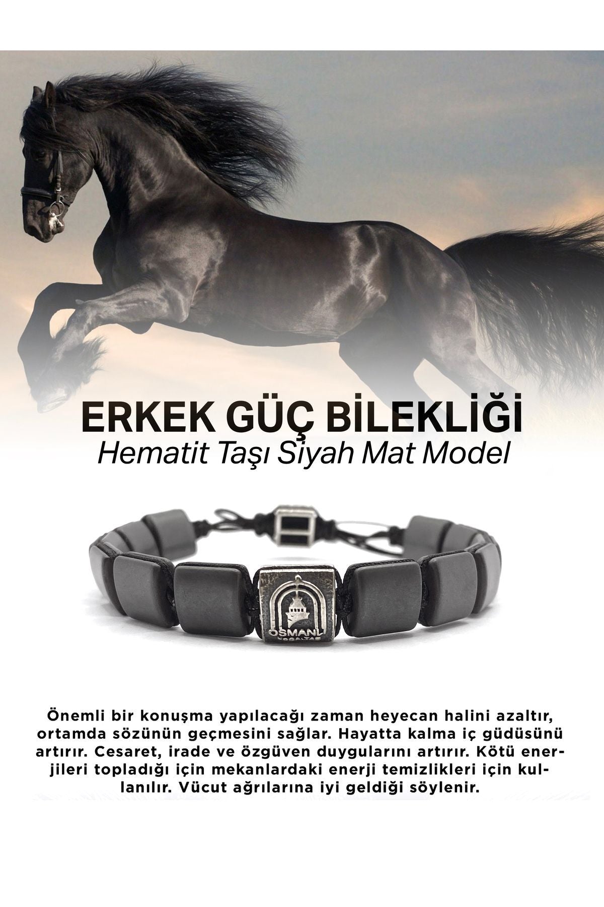 Hematit Gümüş Kaplama Doğal Taş Erkek Bilekliği Mat Model