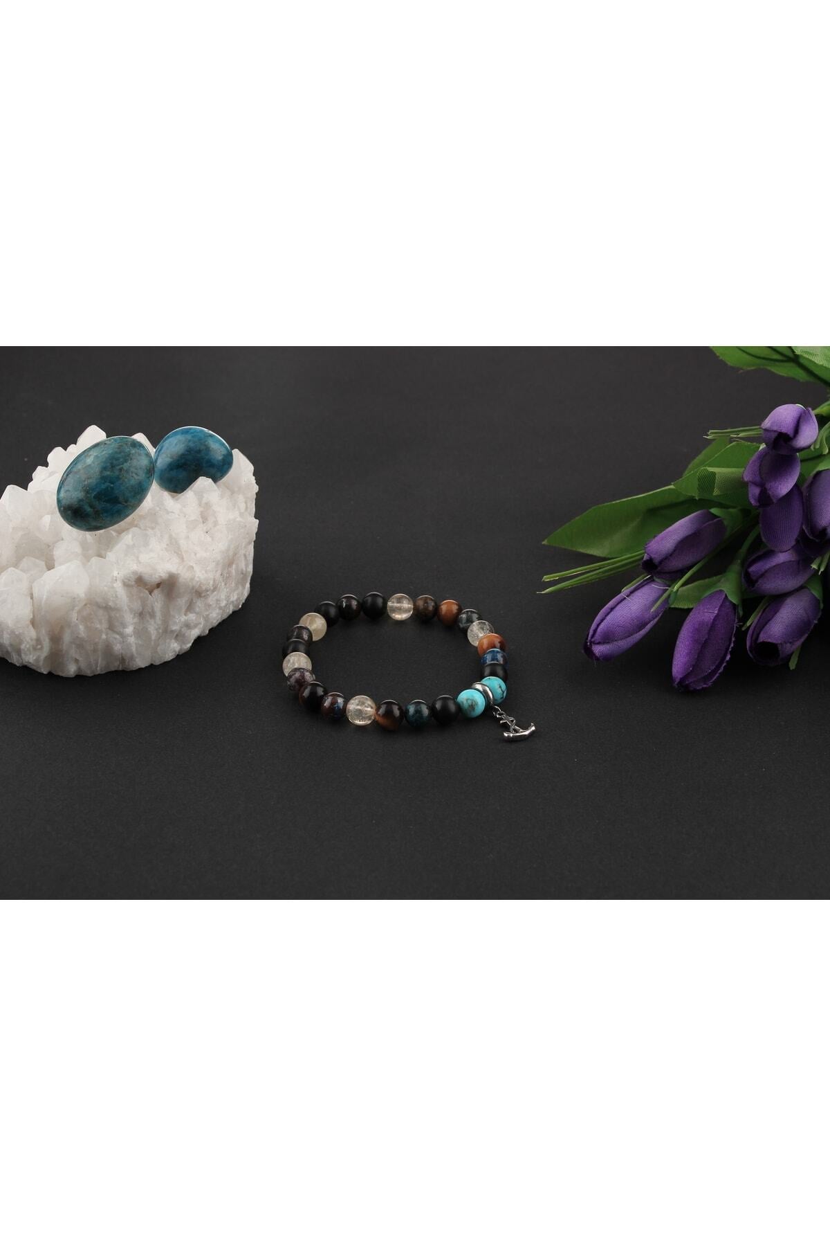 Sertifikalı Hakiki Turkuaz, Shungite, Sitrin, Azurit, Kaplan Gözü Doğaltaş Bileklik 8 Mm, B906