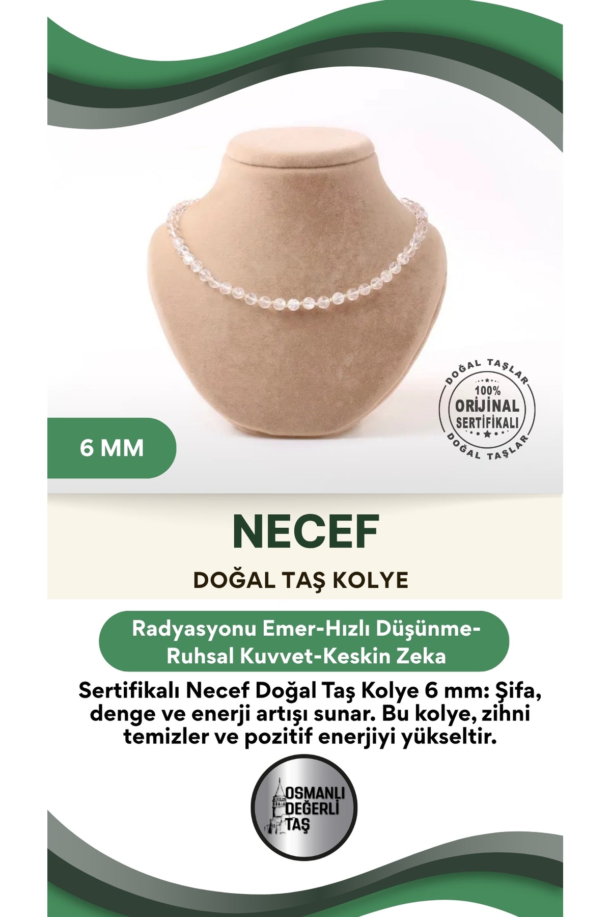 Sertifikalı Necef Doğaltaş Kolye 6 Mm, M581