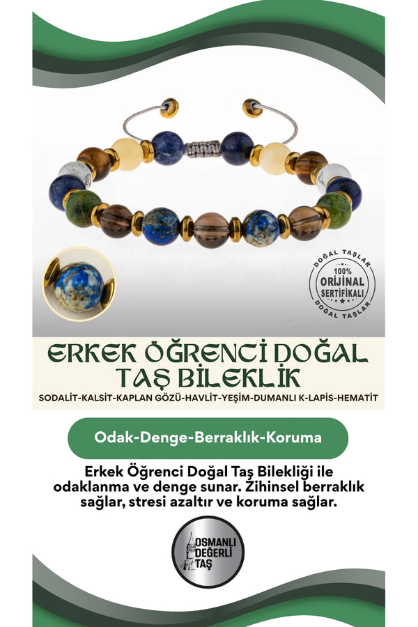 Erkek Öğrenci Doğal Taş Bileklik-Sodalit-Kalsit-Kaplan Gözü-Havlit-Yeşim-Dumanlı K-Lapis-Hematit