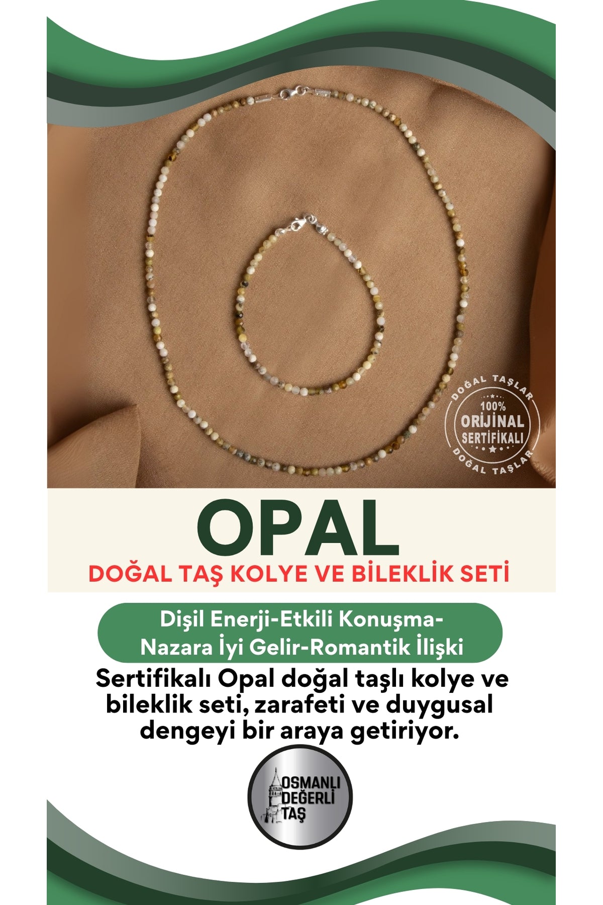 Sertifikalı Opal Doğal Taşlı Kolye ve Bileklik Seti